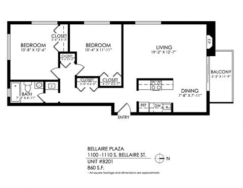 Floor plan for 2 beds, 1 bath, 905 sqft